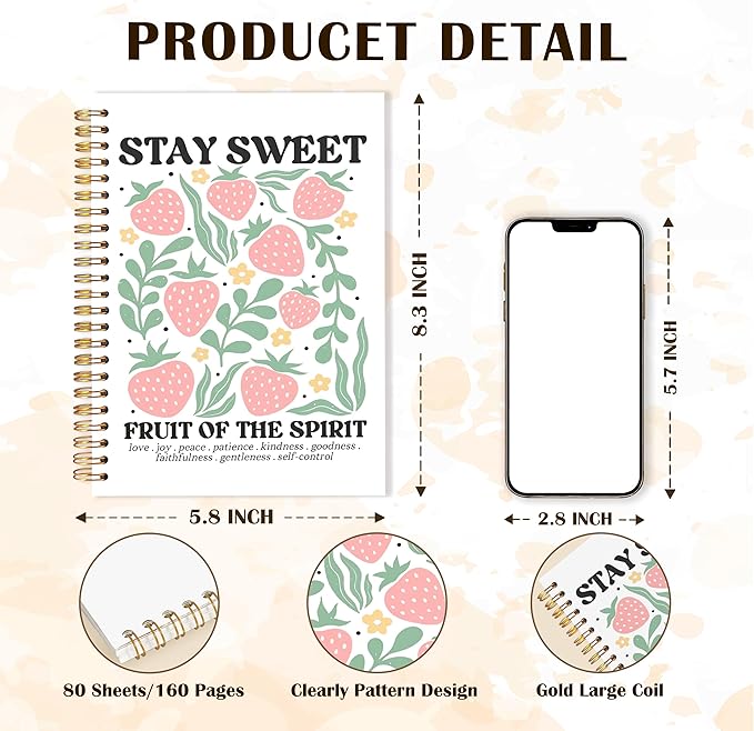 Qabliqo Fruit of the Spirit Christian Spiral Notebooks, Strawberry Bible Journals for Writing, Religious Scripture Journal for Women, Bible Verse Notebook for Note Taking, 5.5x8.3 Inch