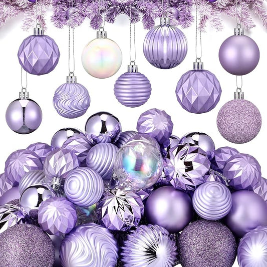64 Pcs Lilac Purple Christmas Ball Ornaments Lavender Purple Christmas Ornaments Shatterproof Xmas Tree Decorations Set 1.6/1.97/2.4 Inch Light Pastel Purple Christmas Decor for Tree Home