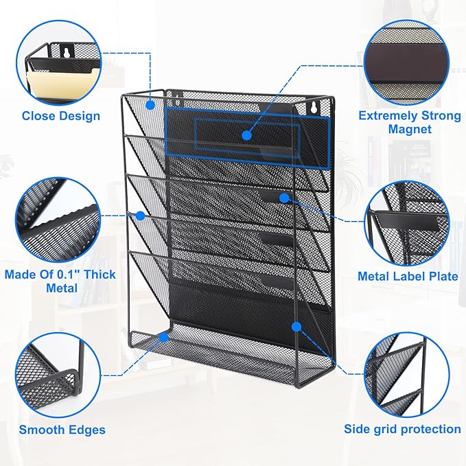 EASEPRES Magnetic File Organizer Mesh 6-Tier, Hanging Wall Mount File Organizer Vertical Holder Rack for Office Home, Black