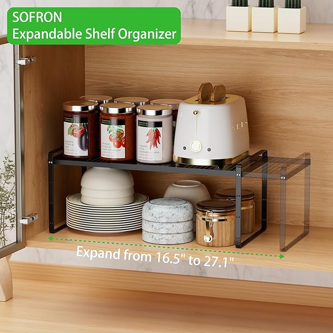 Expandable Cabinet Storage Shelf Stackable Organizer Rack for Kitchen Bathroom Pantry Spice Cupboard Coffee Countertop Home Office Desk Heavy Duty Nonslip Black Large 1 PACK