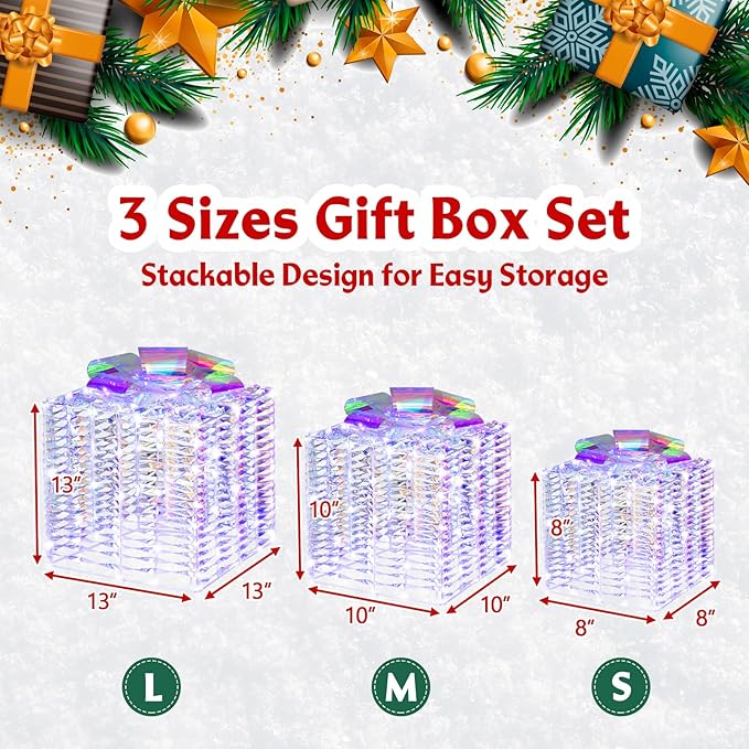Tangkula Set of 3 Lighted Christmas Iridescent Box, 156 Cold White LED Lighted Present Boxes with Iridescent Bows, Ground Stakes, Light up Box Decorations for Indoor Outdoor, Yard, Lawn