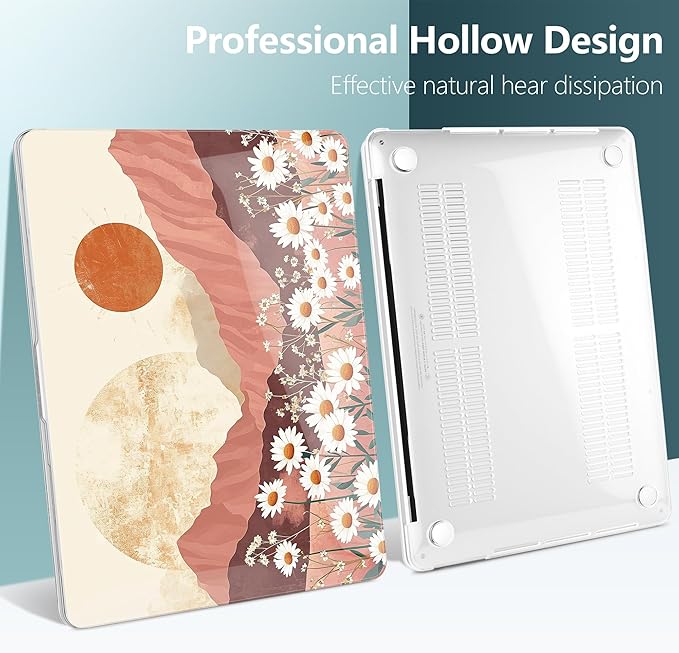 TWOLSKOO Compatible with MacBook Pro 13 inch Case 2023-2016 A2338 M2/M1 A2251 A2289 A2159 A1989 A1706, Plastic Hard Shell Cover & Keyboard Skin & Screen Protector, Mountains & Daisies