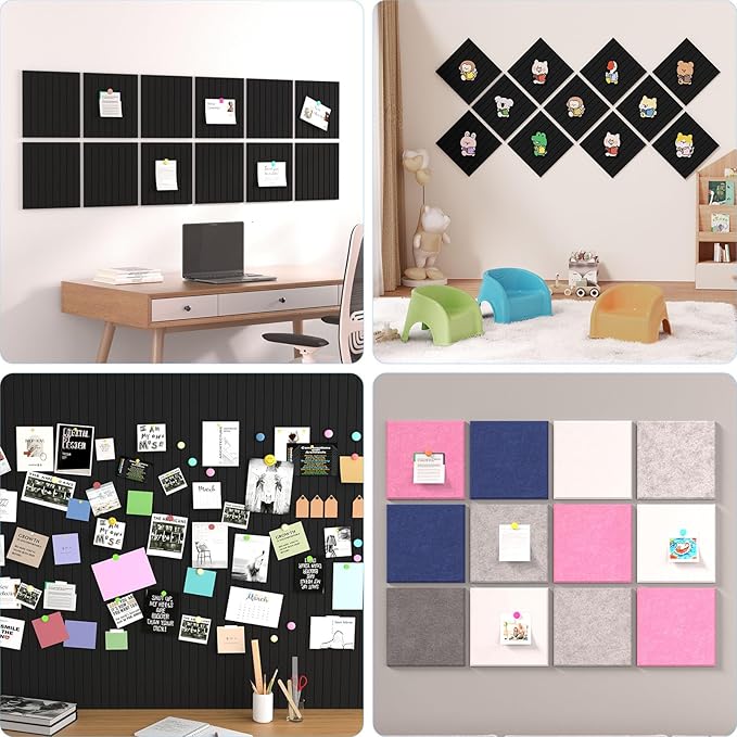 Large Cork Boards for Walls – 48 x 36 Self Adhesive Felt Wall Tiles, Ideal for Office Black Bulletin Board, Easy to Install Pin Board Photo Board