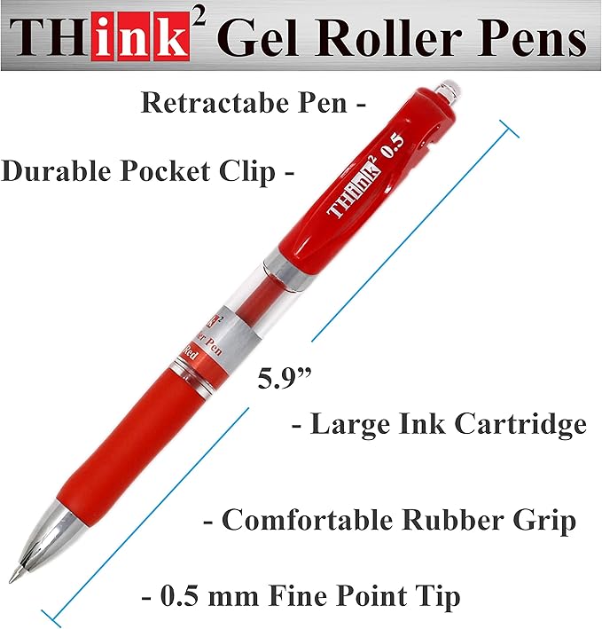 [24 Pens - Red Ink] Think2 Retractable Gel Pens. (24 Red) Fine Point (0.5mm) Rollerball Pens with Comfort Grip. PLEASE REMOVE THE WAX TIP ON THE POINT OF THE PEN BEFORE USING THE PEN.