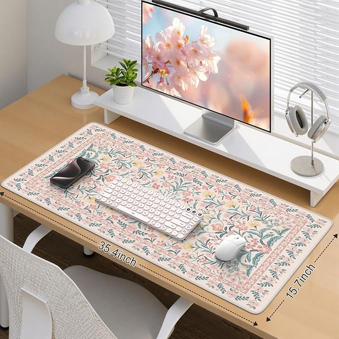 iCasso Pink Floral Desk Mat, Desk Pad, XXL Large Mouse Pad, Anti-Slip Big Mousepad with Stitched Edges, Computer Mouse Pads for Desktop for Women(Pink)