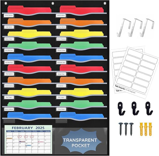 22 Pockets Hanging Wall File Organizer, Sturdy Legal/Letter Size Manila File Folders Organizer, Classroom Pocket Chart with 2 Writable Clear Pockets, 6 Wall/Door Hooks & 24 Labels (Black)