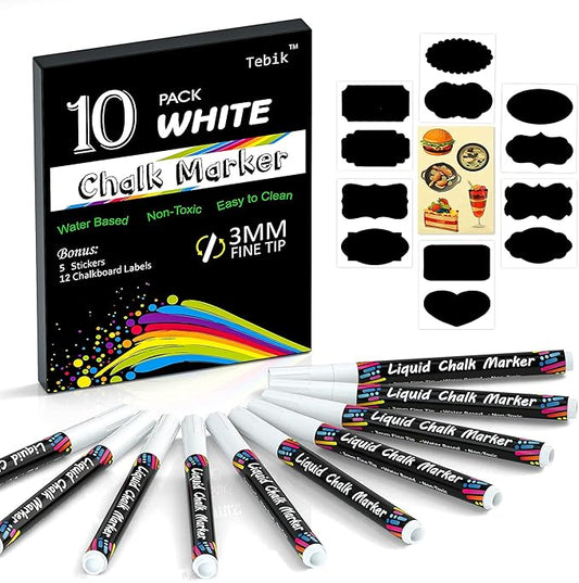 White Liquid Chalk Markers Set, Pack of 10 White Chalkboard Paint Pens with 12 Chalkboard Labels, 5 Stickers, Perfect for Chalkboards, Bistro Boards, Glass and Metal