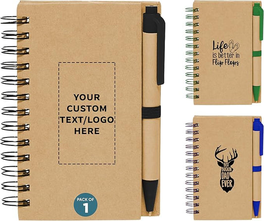 DISCOUNT PROMOS Custom Mini Spiral Notebooks with Black Ink Pens Set of 1, Personalized Bulk Pack - Perfect for Office, Business, Home - Black