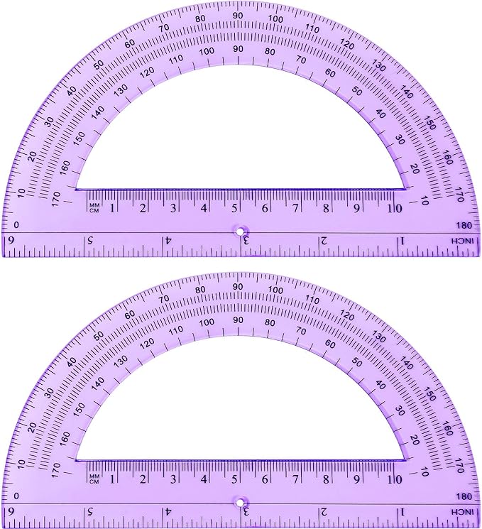 Zonon 2 Pcs 6 Inch Plastic Protractor Math Protractors 180 Degrees Angle Measurement, Translucent for Geometry Classroom Kid Student School Office Supplies(Purple)