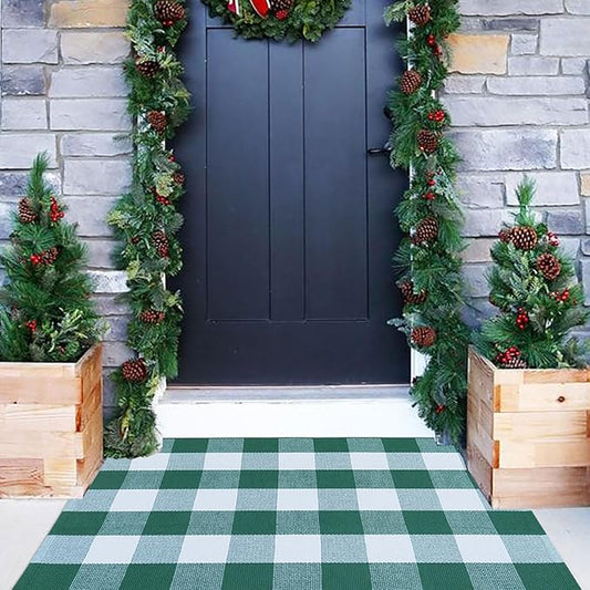 Green & White Plaid Rug, 2'4" x 3'7" Check Indoor/Outdoor Area Rug, Hello/Welcome Door Mat Layering Rug, Machine Washable Cotton Woven Mat for Farmhouse Front Porch, Entryway