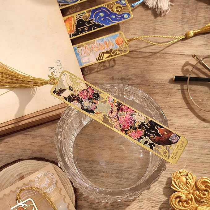 4 Pieces Metal Bookmarks with Tassel, Golden Hollow Bookmark Monet Oil Painting Theme Book Mark Bookmarks for Book Lovers Writers Readers Children Teens for Women Adults