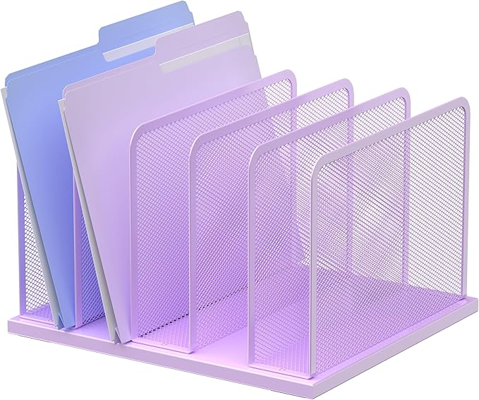 Kuntine.B Desk File Organizer Upright Mesh Desktop Organizer File Sorter Office Organization File Holder for Home, Office & Classroom (Purple, 1 Pack 5-Section)