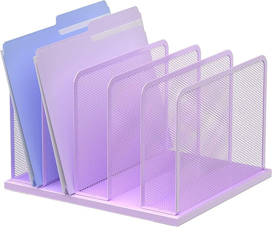 Kuntine.B Desk File Organizer Upright Mesh Desktop Organizer File Sorter Office Organization File Holder for Home, Office & Classroom (Purple, 1 Pack 5-Section)