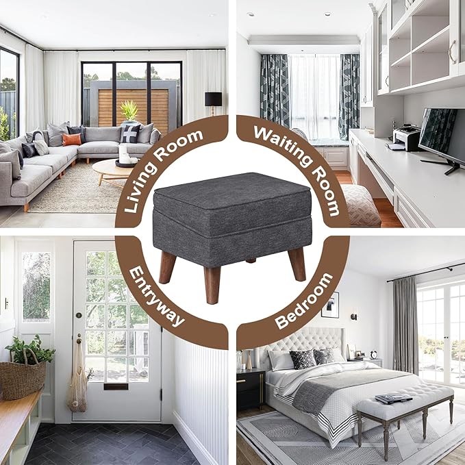 Small Footstool Ottoman with Storage, Ottoman Foot Rest, Modern Foot Stool with Adjustable Lid and Sturdy Wood Legs for Living Room, Bedroom, Couch, Enterway, Light Gray