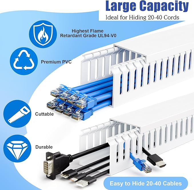 ZhiYo 99in (6X L16.5in) Professional Server Rack Cable Management Raceway, H2 x W2in Cable Raceway Kit, Electrically Safe PVC Open Slot Wire Raceway for Under Desk/Computer/Network Cords, White