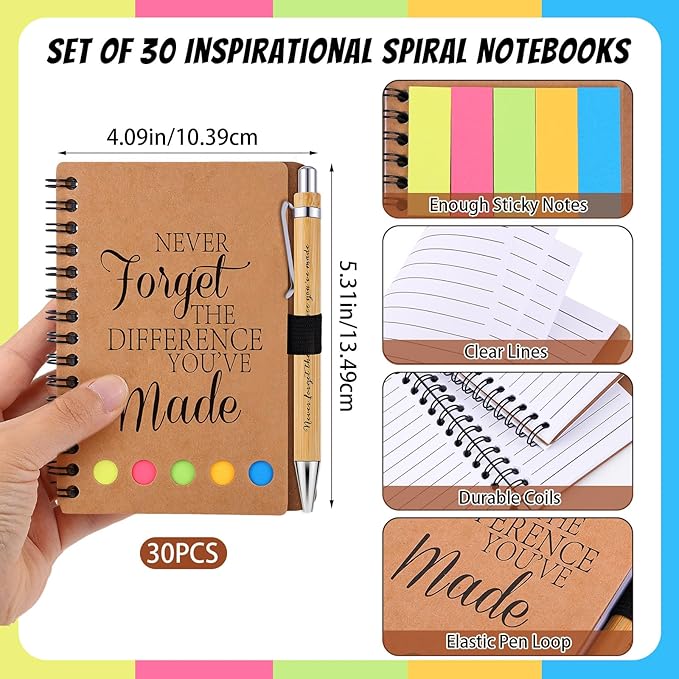 30 Sets Employee Appreciation Gifts Bulk Inspirational Spiral Notebooks with Sticky Notes Motivational Journals Ballpoint Pens Thank You Gifts for Teacher Nurse Coworker (30, Forget)