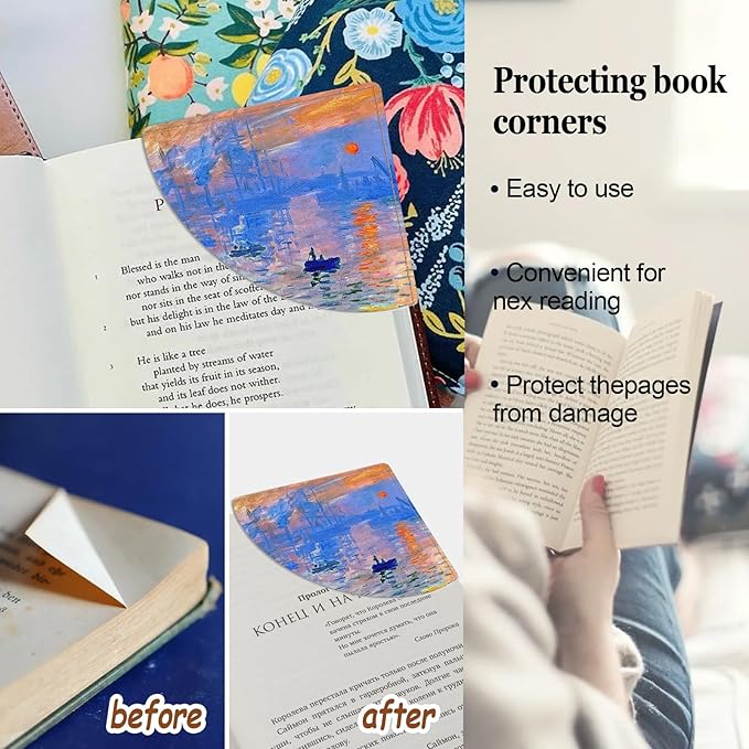 Monet Oil Painting Corner Bookmarks 4 Pcs, Cute Leather Book Accessories for Book Lovers, Reading Book Page Markers for Women Gifts (Water Lilies Irises Japanese Bridge Impression Sunrise)