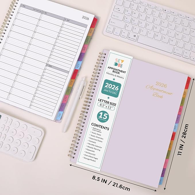 SKYDUE 2026 Appointment Book, 8.5" x 11", Hourly Planner with 15 & 30-Minute Increments, Weekly & Monthly Planner for January - December 2026, Perfect for Daily Planning Purple
