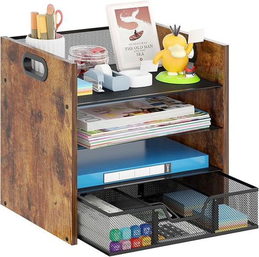 Wood Desk Organizer - 4-Tier Desktop File Organizer with Drawer, Wooden Paper Tray, Office Desk Organizer for Papers, Mail, Notebooks, Stationery