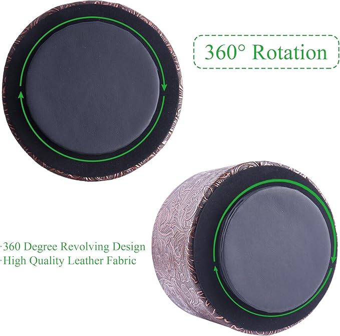 lizimandu Round Leather Art Supply Organizer,Remote Control Holder,360 Degree Spinning,Multi-Functional Pencil Holder,4 Compartments Desktop Stationary Organizer(1-Carved Cooper Red)