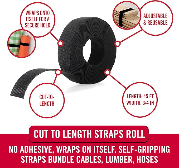 VELCRO Brand Cut to Length Straps Heavy Duty | 45 Ft x 3/4 in | ONE-WRAP Self-Gripping Double Sided Roll | Bundling Ties Fasten to Themselves for Secure Hold, VEL-30834-AMS, Black