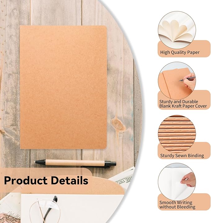 72 Pack Blank Kraft Notebooks, 8.3x5.5 Inches A5 Small Journals Bulk Blank Notebooks 80 Gsm Unlined with 60 Pages A5 Subject Notebooks Traveler Journal Set for Adult Students Back to School Supplies