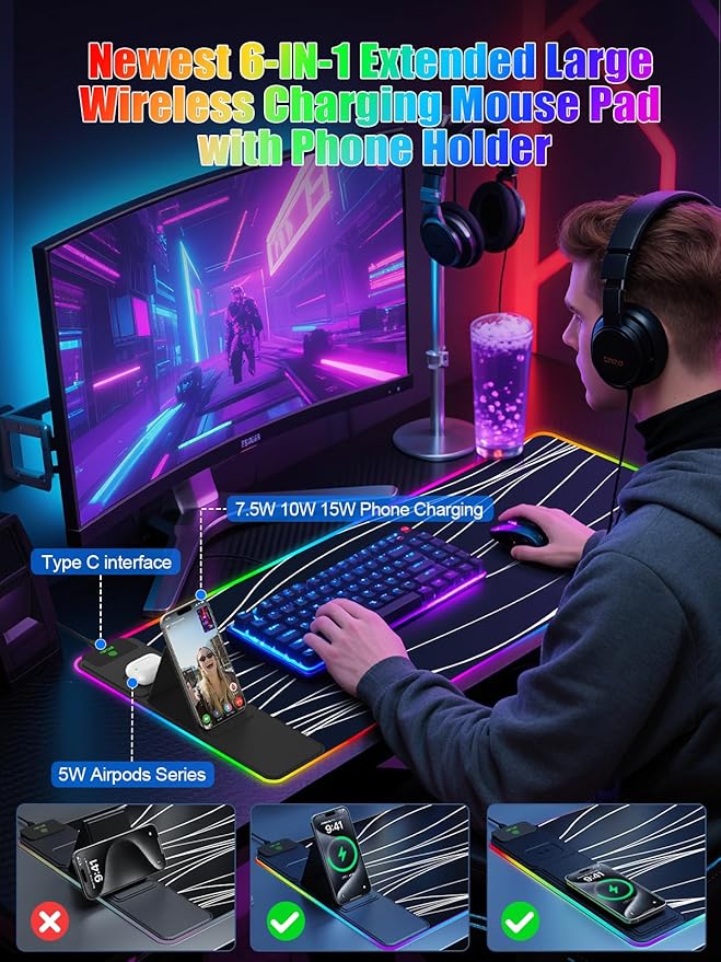 Mouse Pad with Foldable Phone Holder & Wireless Charger, XXL RGB Gaming Mousepad 31.5"x15.8" Large Desk Mat for Keyboard, Black Desk Pad with Dual Qi Charging Station | 11 Colors 5 Modes | Waterproof