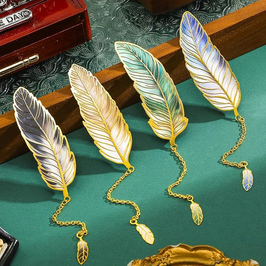 4 Pieces Metal Feather Bookmarks with Chain, Birthday Gifts Book Mark Bookmarks for Book Lovers Writers Readers Children Teens Men Women Adults Teacher