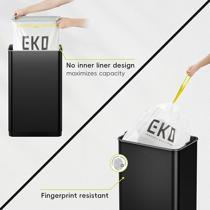 EKO Mirage-T 50 Liter / 13.2 Gallon Touchless Rectangular Motion Sensor Trash Can, Brushed Stainless Steel Finish (Matte Black)