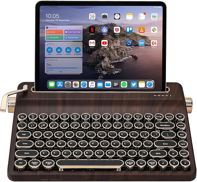 YUNZII QL75 Wireless Typewriter Hot Swap Retro Mechanical Keyboard,Punk Round Keycaps,RGB Backlit QMK/VIA Programmable, Multi-Device Keyboard with 2.4GHz/Type-C/BT5.0 (Wood, Onyx Switch)