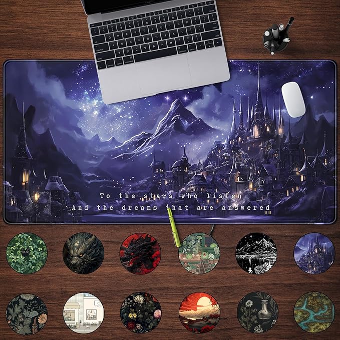 Night Purple Desk Mat Dark Academia Anime Computer Desk Keyboard Mat, 31.5 X 15.8 in Office Decor for Women Castle Aesthetics Mouse Pad XXL for Desktop Laptop Computer Mouse Gaming Pad