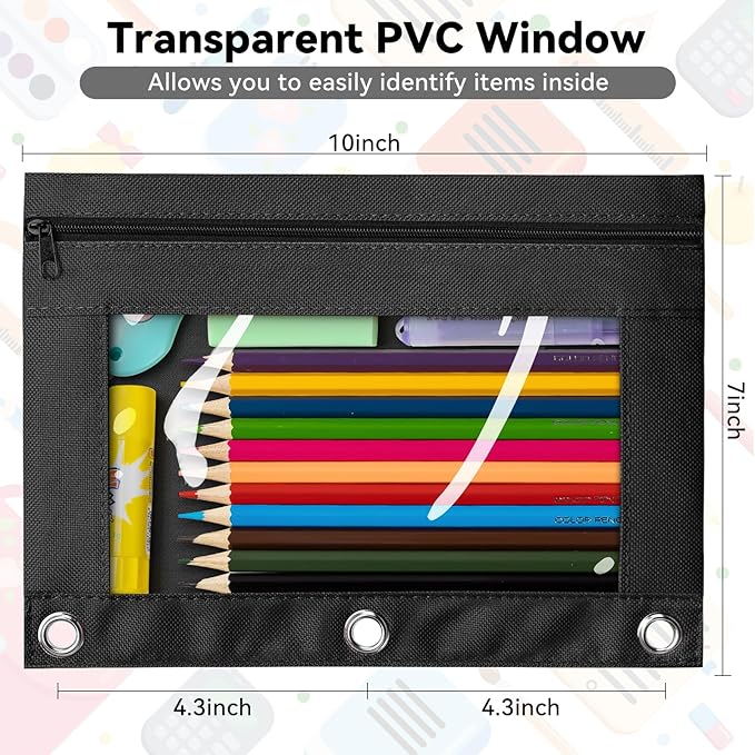 V-Opitos Pencil Pouch for 3 Ring Binder, 2 Pack Blue 3-Holes Zipper Pencil Pouches, Sturdy and Durable Cloth Pencil Case with Clear Window for Office School College Supplies