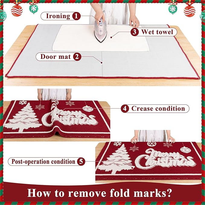 Christmas Doormat with Non Slip, Loop Pile Red and White Indoor Christmas Welcome Mat with Absorbent & Dirt-Trapping, Outdoor Christmas Tree Door Mat Front Porch Decor 32x48 Inch