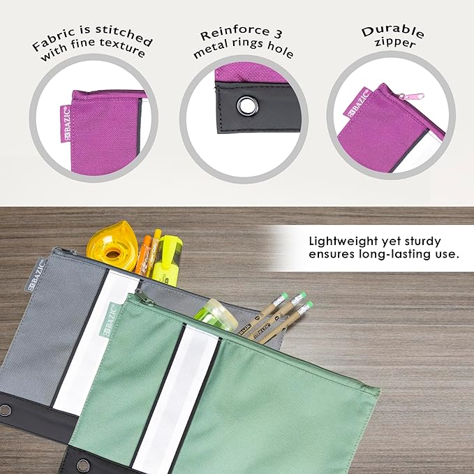 BAZIC Pencil Pouch 3 Ring Binder Pouch w/Rivet Enforced Rings Holes, Zipper Pouches Bag, Assorted Color, 4-Pack