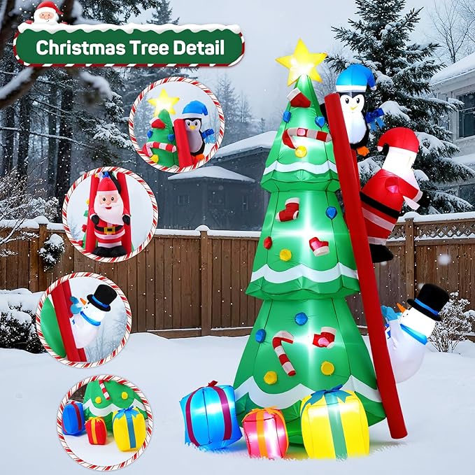 8FT Christmas Inflatable Decorations, Santa Climbing Ladder to Christmas Tree, Outdoor Christmas Blow up Yard Decor with LED Lights Star Treetop for Holiday Party Garden Patio Display Hall Lawn