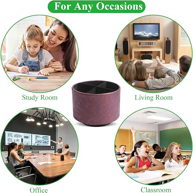 Hennaja Round Leather Art Supply Organizer,Remote Control Holder,360 Degree Spinning,Multi-Functional Pencil Holder,4 Compartments Desktop Stationary Organizer(1-Carved Dark Brown)