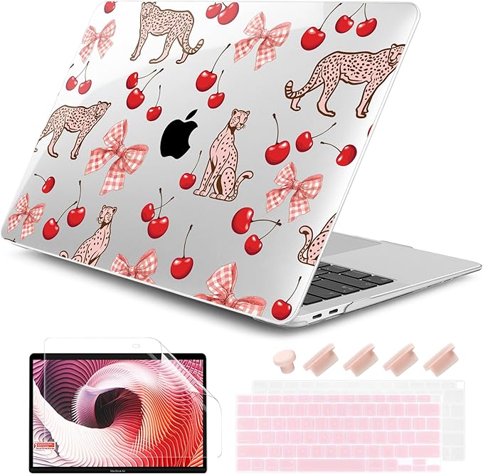 DONGKE for MacBook Air 13 Inch Case 2021-2018, Compatible with A2337 M1 A2179 A1932 Support Retina Display & Touch ID, Hard Shell Plastic Cover with Keyboard Skin - Cheetah Cherry