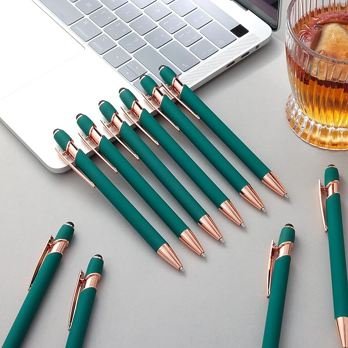 12 PCS 2 in 1 Stylus Ballpoint Pen with Stylus Tip, 1.0 mm Black Ink Metal Pen Stylus Pen for Touch Screens (Rose Gold & Green)