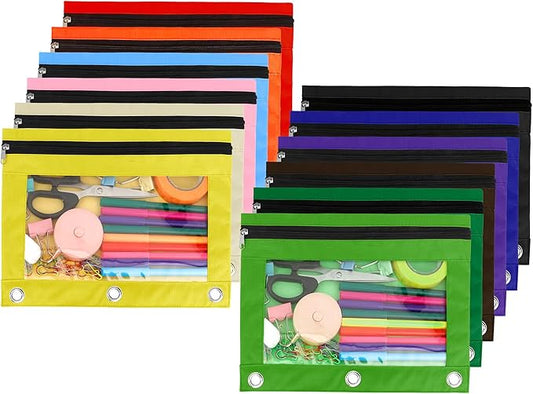 Pencil Pouch for 3 Ring Binder, 12 Pack Pencil Bags with Zipper, Large Capacity Pencil Case for Binder Assorted Color Pencil Case Pouch with Clear Window and Grommets Pencil Pocket for Office Supplies