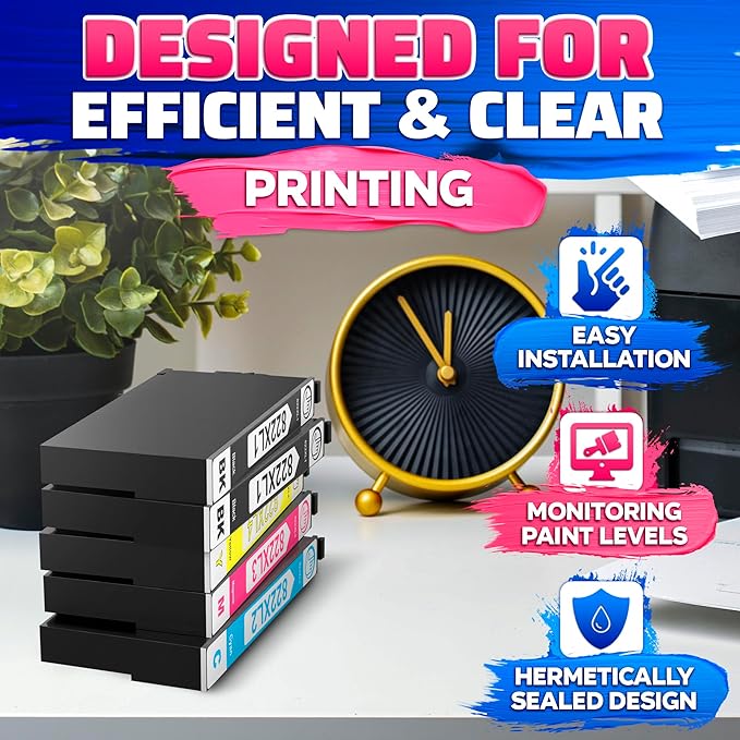 Reluen 5-Pcs 822XL Printer Ink Cartridges – High Capacity 2 Black & 3 Standard Color Combo Pack – Easy to Install and Compatible with WF-3820, WF-3823, WF-4820, WF-4830, WF-4833, WF-4834 Printers