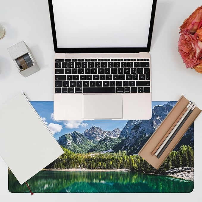 Desk Mat, Lake Mountain Landscape Desk Pad, The Alps Large Gaming Mouse Pad for Desk, 31.5"x15.7" Extended Big Computer Keyboard Mouse Pad with Non-Slip Base and Stitched Edge