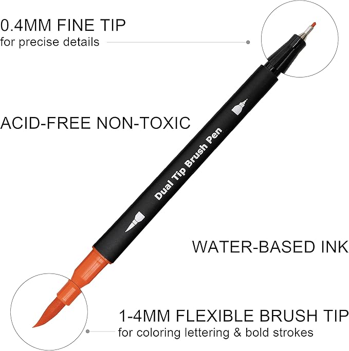 Dual Brush Marker Pens,24 Colored Markers,Fine Point and Brush Tip for Kids Adult Coloring Books Bullet Journals Planners,Note Taking Coloring Writing