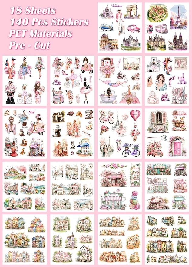 Paris Journaling Sticker Set, 18 Sheets PET Junk Journal Stickers, Pink French Theme Scrapbook Supplies, Transparent Watercolor Scrapbooking Materials, People Women Arts Craft