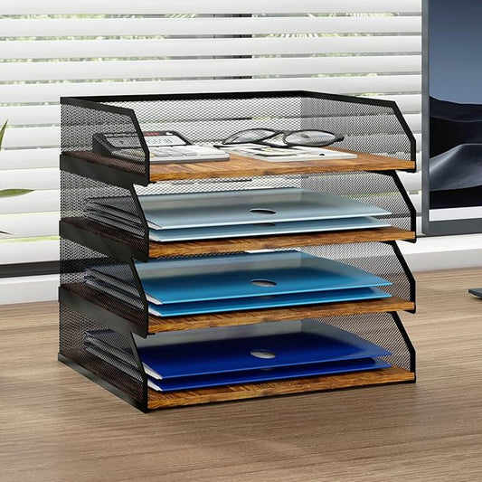 Natwind 4-Tier Stackable Paper Tray, Metal Mesh Desktop Organizer, Paper Sorter, Letter Trays,File Document Storage Rack for for Home, Office, School (Retro)