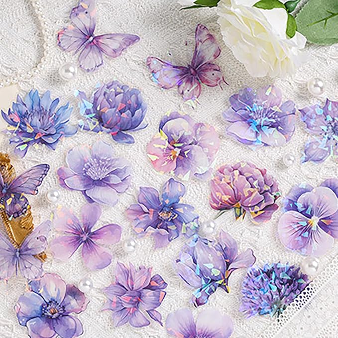 Doraking 60 Pieces Glitter Shiny Flower Stickers for Journaling, Waterproof Decorative Decal for Scrapbooking Supplies Journal Planners Art Crafts Photo Album Decor (Purple)