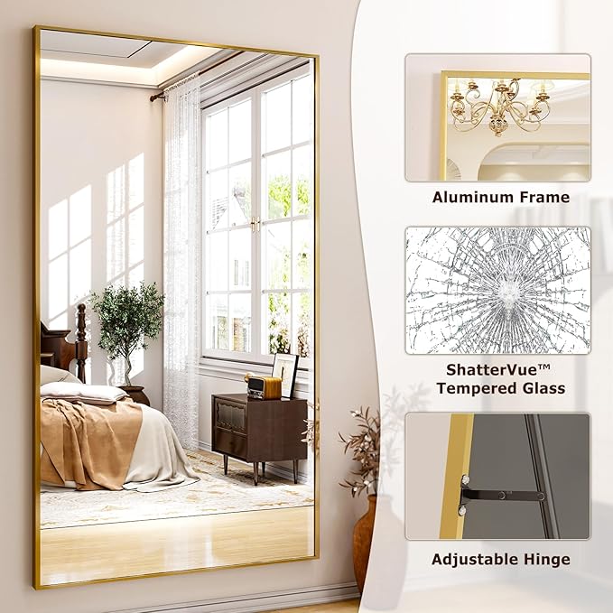 Full Length Mirror with Stand 38"x77" Full Body Mirror Floor Mirror Standing Hanging or Leaning Wall, Wall Mirror with Stand Aluminum Alloy Frame for Living Room Bedroom Cloakroom,Gold