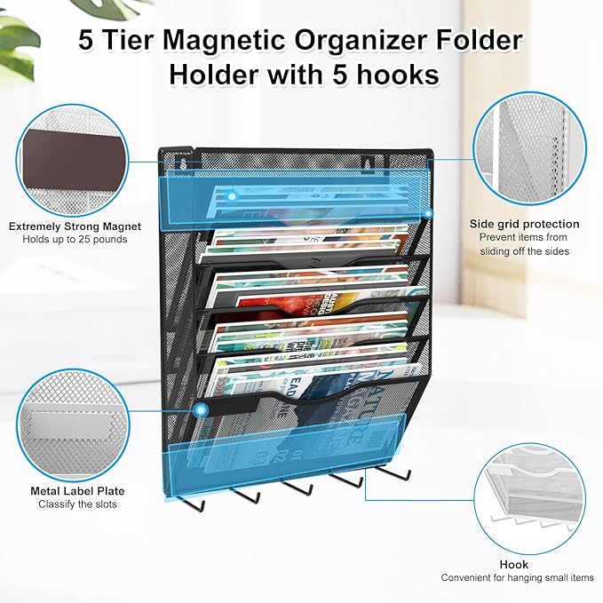 6 Tier Magnetic File Holder with Hook, Magnetic File Organizer Folder Holder, Wall File Organizer, Hanging Magnetic Paper Holder for File Cabinets, Office, Whiteboard, Magnetic Mail Holder