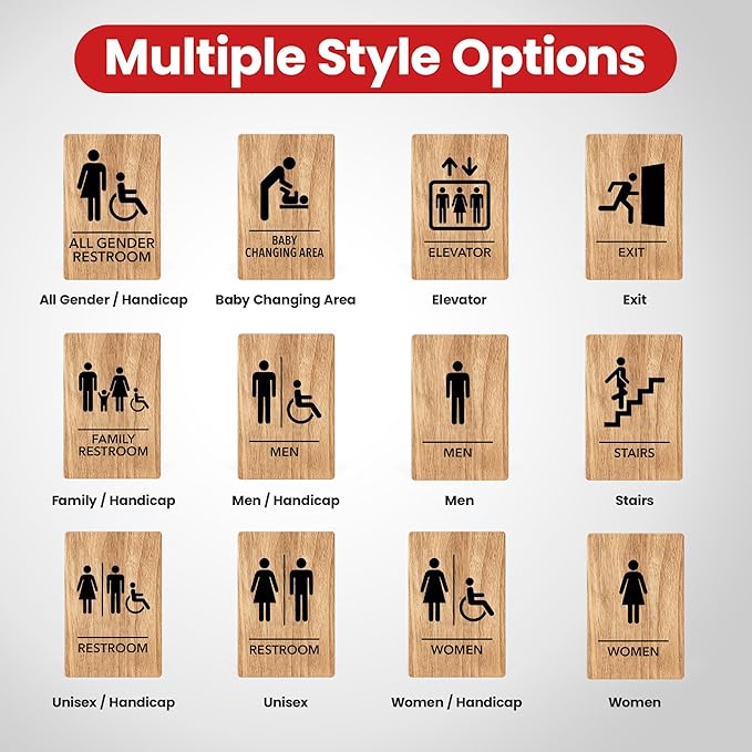 Promot Men and Women Handicap Restroom Sign – ADA Braille Bathroom Sign for Business, Self-Adhesive, 9" x 6", Commercial Door Signage, Office Wall Decor - Oak