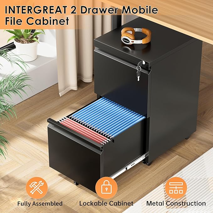 INTERGREAT 2 Drawer File Cabinet, Metal Filling Cabinet with Lock, Locking Office Mobile Cabinets with Wheels for Legal/Letter Size, Under Desk, Black