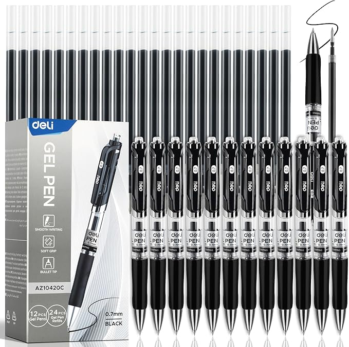 deli Gel Pens, 36 Pcs Retractable Black Ink, 12 Pens with 24 Refills，Medium Point Pen 0.7mm, Smooth Writing, Fast Dry, No Bleed for Journaling Note Taking, Home School Office Supplies